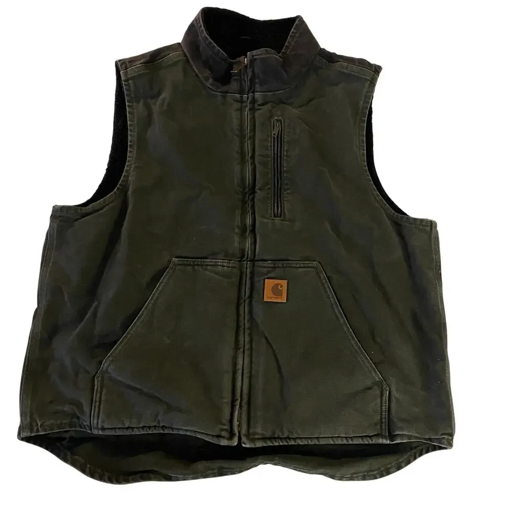 Carhartt Sandstone Sherpa Lined Two Toned Green Black Mock Neck Vest Large V33